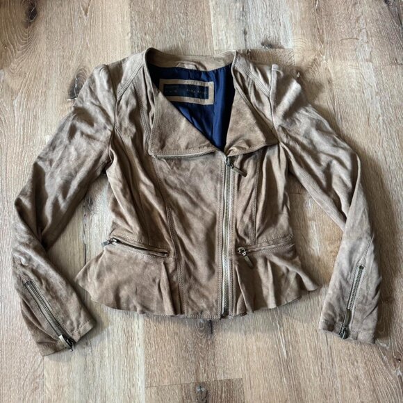Zara Tan Suede Leather Jacket Size M - Picture 1 of 5